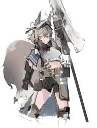 Rule 34 | 1girl, absurdres, animal ears, arknights, armor, ashlock (arknights), chest plate, gauntlets, greaves, grey hair, gunlance, helm, helmet, highres, lance, midriff, polearm, pouch, squirrel ears, squirrel tail, tail, weapon