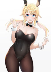 Rule 34 | 1girl, ahoge, akai kagerou, animal ears, black bow, black bowtie, black leotard, black pantyhose, blonde hair, blue eyes, bow, bowtie, breasts, cleavage, covered navel, cowboy shot, detached collar, fake animal ears, hachimiya meguru, highres, idolmaster, idolmaster shiny colors, leaning to the side, leotard, long hair, looking at viewer, low twintails, medium breasts, pantyhose, playboy bunny, rabbit ears, simple background, solo, standing, strapless, strapless leotard, thigh gap, twintails, white background, wrist cuffs
