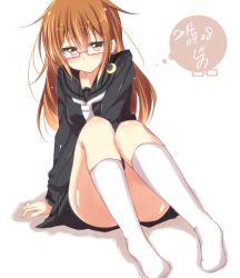 Rule 34 | 10s, 1girl, 2014, arm support, brown eyes, brown hair, crescent, dated, glasses, jiino, kantai collection, looking at viewer, mochizuki (kancolle), sitting, socks, solo