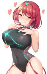 Rule 34 | blush, breasts, cameltoe, competition swimsuit, curvy, heart, heavy breathing, highres, large breasts, nintendo, one-piece swimsuit, pyra (pro swimmer) (xenoblade), pyra (xenoblade), renetan, simple background, smile, swimsuit, thighs, tight clothes, white background, wide hips, xenoblade chronicles (series), xenoblade chronicles 2