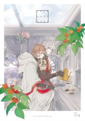 Rule 34 | 2boys, ahoge, alternate costume, armor, berry, blue eyes, blue sky, breastplate, brown hair, cape, chair, cloud, cloudy sky, coffee, coffee maker, commentary request, cup, disposable coffee cup, disposable cup, door, elbow gloves, english text, flower, from side, gloves, granblue fantasy, hair between eyes, hanging plant, holly, hood, hood down, hoodie, iwashi (morpho000), leaf, lucifer (shingeki no bahamut), male focus, messy hair, multiple boys, pink flower, red eyes, red ribbon, ribbon, sandalphon (granblue fantasy), shoulder armor, sky, table, translation request, turtleneck, white cape, white hair, white hood, white hoodie, yaoi