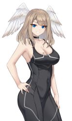 Rule 34 | 1girl, absurdres, black bodysuit, black choker, blue eyes, bodysuit, breast tattoo, breasts, brown hair, choker, cleavage, covered navel, crimecrime, eunie (xenoblade), feathered wings, grin, head wings, highres, large breasts, looking at viewer, simple background, smile, solo, tattoo, white background, white wings, wings, xenoblade chronicles (series), xenoblade chronicles 3