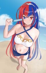 Rule 34 | 1girl, absurdres, alear (female) (fire emblem), alear (fire emblem), beach, bikini, blue bikini, blue eyes, blue hair, blue sky, breasts, cleavage, closed mouth, crossed bangs, fire emblem, fire emblem engage, heterochromia, highres, holding, long hair, looking at viewer, me0i, medium breasts, midriff, multicolored hair, navel, nintendo, official alternate costume, red eyes, red hair, sky, solo, split-color hair, standing, swimsuit, tiara, two-tone hair, white bikini
