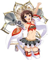 Rule 34 | 1girl, :d, antenna hair, breasts, brown hair, checkered clothes, checkered skirt, detached sleeves, fang, flat chest, frilled skirt, frills, full body, hair ornament, hairclip, holding, holding microphone, horns, jumping, microphone, midriff, murakami yuichi, navel, official art, open mouth, oshiro project:re, oshiro project:re, oyama gobou (oshiro project), skirt, smile, solo, transparent background, white legwear