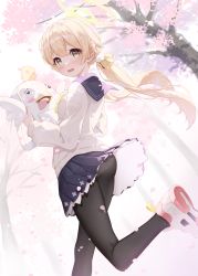 Rule 34 | 1girl, absurdres, backpack, bag, black pantyhose, blonde hair, blue archive, blue sailor collar, blush, cardigan, cherry blossoms, falling petals, from behind, halo, hifumi (blue archive), highres, holding, leg up, long sleeves, low twintails, okey, open mouth, panties, panties under pantyhose, pantyhose, pantyshot, peroro (blue archive), petals, petticoat, pink footwear, pleated skirt, sailor collar, shoes, skirt, sneakers, solo, tree, twintails, underwear, upskirt, white bag, white footwear, wind, wind lift, yellow eyes