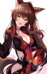 Rule 34 | 1girl, :d, \m/, animal ears, breasts, brown hair, cleavage, fox ears, fox tail, fumi (nijisanji), hair ornament, helmet, hirai yuzuki, large breasts, long hair, long sleeves, medium breasts, nijisanji, open clothes, open mouth, open shirt, pilot suit, signature, simple background, smile, solo, tail, virtual youtuber, yellow eyes