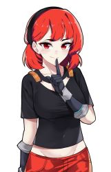 Rule 34 | 1girl, black shirt, blush, ehebai, fortnite, hair ornament, happy, highres, lexa (fortnite), looking at viewer, mechanical parts, red eyes, red hair, red shorts, shirt, short hair, shorts, simple background, smile, solo, white background