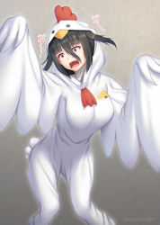 Rule 34 | 10s, 1girl, bandages, black hair, breasts, chicken costume, dated, drooling, hair between eyes, hair flaps, large breasts, miyai sen, open mouth, red eyes, saliva, solo, standing, yamada tae, zombie land saga