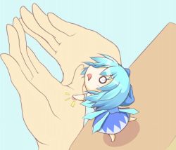 Rule 34 | 1girl, barefoot, blue bow, blue dress, blue hair, bow, chibi, cirno, commentary request, dress, hair bow, high five, kooku (ni-ru), mini person, minigirl, o o, open mouth, short hair, solo, touhou, wings