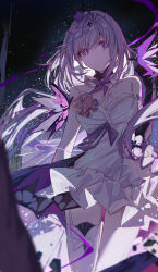 1girl absurdres bare_shoulders bug butterfly castorice_(honkai:_star_rail) closed_mouth detached_collar dress floating_hair garter_straps hand_up highres honkai:_star_rail honkai_(series) insect looking_at_viewer night night_sky outdoors single_thighhigh sky solo standing star_(sky) starry_sky thighhighs white_dress white_thighhighs yajuu