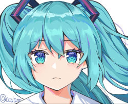 Rule 34 | 1girl, blue eyes, blue hair, ccclann, closed mouth, commentary request, expressionless, hatsune miku, long hair, looking at viewer, portrait, simple background, solo, twintails, twitter username, vocaloid, white background