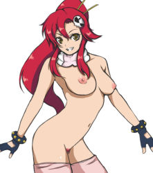 Rule 34 | 00s, 1girl, bad id, bad pixiv id, breasts, colored pubic hair, female pubic hair, fingerless gloves, gloves, hair ornament, large breasts, long hair, nipples, nude, pink thighhighs, ponytail, pubic hair, red hair, red pubic hair, scarf, simple background, solo, tengen toppa gurren lagann, thighhighs, yellow eyes, yoko littner, yoruichi (yoru1)