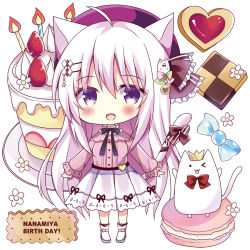 Rule 34 | 1girl, :d, ahoge, animal, animal ears, bitter crown, blush, boots, cake, candle, candy wrapper, cat, cat ears, cat girl, cat tail, checkerboard cookie, chibi, commentary request, cookie, fang, fire, flower, food, fruit, full body, hair between eyes, hair ornament, hairclip, heart, long sleeves, looking at viewer, multicolored hair, open mouth, original, pink shirt, pleated skirt, puffy long sleeves, puffy sleeves, purple eyes, purple hair, shirt, simple background, skirt, sleeves past wrists, smile, solo, standing, strawberry, streaked hair, tail, thumbprint cookie, white background, white cat, white flower, white footwear, white hair, white skirt