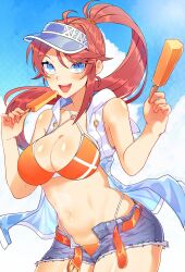 Rule 34 | armpits, bare shoulders, belt, bikini, blue eyes, blue sky, blush, breasts, brown hair, character request, cloud, cloudy sky, collarbone, food, gradient background, highres, large breasts, long hair, mole, mole under eye, nails, navel, open mouth, orange bikini, ponytail, popsicle, popsicle stick, shorts, simple background, sky, smile, swimsuit, untied belt, vest, x-print, zexendong