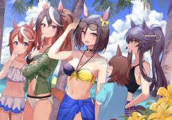 Rule 34 | 5girls, air groove (umamusume), animal ears, arm up, bandaid, bandaid on face, bandaid on nose, bandeau, bare arms, bare shoulders, beach, bikini, bikini skirt, black bikini, black choker, black hair, blue eyes, blue shirt, blush, breasts, brown hair, choker, cleavage, closed mouth, cloud, collarbone, commentary request, cowboy shot, crossed arms, day, faceless, faceless female, finger to mouth, flower, green shirt, hair between eyes, halterneck, horse ears, horse girl, horse tail, long hair, long sleeves, looking at another, medium breasts, mismatched bikini, multicolored hair, multiple girls, narita brian (umamusume), navel, open clothes, open mouth, open shirt, outdoors, palm tree, ponytail, purple eyes, sarong, see-through, shaka (staito0515), shirt, short hair, short sleeves, smile, stomach, streaked hair, swimsuit, symboli rudolf (umamusume), tail, tokai teio (umamusume), tree, umamusume, white bikini, white hair, yellow eyes, yellow flower
