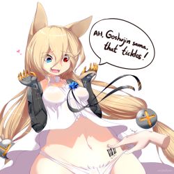 Rule 34 | 1girl, animal ears, artist name, barcode, barcode tattoo, blonde hair, blue eyes, blue flower, collarbone, covered erect nipples, disembodied hand, english text, fang, female focus, flower, fox, g41 (girls&#039; frontline), girls&#039; frontline, hair between eyes, hair ornament, hands up, heart, heterochromia, junjie-oyan, long hair, looking down, mechanical arms, navel, no bra, open mouth, panties, poking, red eyes, see-through, shirt, single mechanical arm, smile, solo, speech bubble, standing, talking, tattoo, tears, text focus, tickling, transparent background, twintails, underwear, watermark, white panties, white shirt