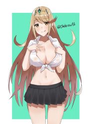 Rule 34 | 1girl, black skirt, blonde hair, breasts, commission, female focus, green background, hair ornament, headpiece, highres, j@ck, large breasts, long hair, mythra (xenoblade), nintendo, nipples, school uniform, see-through, shirt, simple background, skirt, solo, swept bangs, tongue, very long hair, white background, white shirt, xenoblade chronicles (series), xenoblade chronicles 2