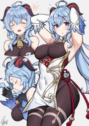 Rule 34 | 1girl, absurdres, ahoge, armpits, arms up, bare shoulders, bell, black gloves, black legwear, blue hair, blush, breasts, chinese knot, closed eyes, covered navel, detached sleeves, flower knot, ganyu (genshin impact), genshin impact, gloves, gold trim, highres, horns, legs together, long hair, looking at viewer, lying, medium breasts, multiple views, neck bell, notice lines, on side, open mouth, purple eyes, sideboob, sidelocks, signature, sleeping, smile, solo, standing, tassel, thighlet, vision (genshin impact), wei miao, white sleeves, zzz