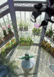 Rule 34 | 1girl, absurdres, bad id, bad pixiv id, black hair, blue skirt, blurry, bun cover, chinese clothes, dancing, day, depth of field, facing away, flower, from above, garden, green shirt, hanfu, hanging plant, highres, indoors, kusuriya no hitorigoto, lattice, long sleeves, maomao (marble creators), ohagi082014, outstretched arms, palm leaf, pavement, plant, potted plant, sash, shadow, shirt, skirt, solo, spread arms