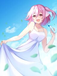 Rule 34 | 1girl, 7-mzk, :d, absurdres, assault lily, bare arms, bare shoulders, blue sky, blurry, blurry foreground, bottle, breasts, cleavage, cloud, collarbone, cowboy shot, day, dress, falling leaves, halter dress, halterneck, hand up, highres, hitotsuyanagi riri, holding, holding bottle, jewelry, leaf, looking at viewer, medium breasts, one side up, open mouth, outdoors, pink eyes, pink hair, ramune, ring, short hair, skirt hold, sky, smile, solo, standing, sundress, teeth, upper teeth only, white dress
