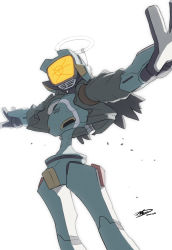 Rule 34 | absurdres, andrew leung, canti, dated, flcl, halo, highres, humanoid robot, looking ahead, no humans, non-humanoid robot, open hands, robot, screen, signature, solo, t-pose, white background