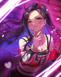 Rule 34 | 1girl, black hair, blue hair, breasts, cleavage, demon tail, detached sleeves, floating hair, horns, jewelry, long hair, looking at viewer, medium breasts, midriff, multicolored hair, nail polish, parted lips, project sekai, red nails, ring, sayu0511, shiraishi an, smile, solo, stomach, tail, very long hair, yellow eyes
