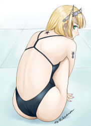 Rule 34 | 1girl, anchor symbol, anon., artist name, ass, black one-piece swimsuit, blonde hair, competition swimsuit, dated, from above, green eyes, headgear, kantai collection, looking at viewer, looking back, one-piece swimsuit, rodney (kancolle), short hair, sitting, solo, star (symbol), swimsuit, tattoo