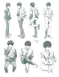 Rule 34 | 1boy, absurdres, artist logo, black jacket, black pants, brown pants, buttoned cuffs, buttons, commentary request, cropped legs, crossed arms, foot up, full body, gakuran, highres, hyouka, invisible chair, jacket, long sleeves, looking at viewer, mery (yangmalgage), multiple views, open clothes, open jacket, oreki houtarou, pants, school uniform, shoes, short hair, sitting, standing, translation request, unbuttoned jacket