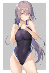 Rule 34 | 1girl, bare arms, bare shoulders, black one-piece swimsuit, breasts, choker, competition swimsuit, covered navel, cowboy shot, grey hair, groin, hair between eyes, hands up, highleg, highleg swimsuit, highres, icomochi, impossible clothes, impossible swimsuit, large breasts, long hair, looking at viewer, one-piece swimsuit, original, purple eyes, smile, solo, standing, swimsuit, thighs, very long hair, wet