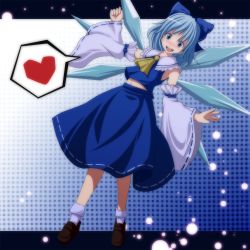 Rule 34 | 1girl, bad id, bad pixiv id, blue dress, blue eyes, blue hair, blush, bow, cirno, cosplay, detached sleeves, dress, hair bow, hakurei reimu, hakurei reimu (cosplay), heart, highres, japanese clothes, letterboxed, long sleeves, matching hair/eyes, midriff, miko, navel, open mouth, outside border, smile, solo, spoken heart, touhou, tsukishiro saika, wings