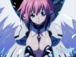 Rule 34 | 1girl, :o, angel wings, armor, between breasts, blue eyes, breasts squeezed together, breasts, chain between breasts, chain, cleavage, collar, feathered wings, ikaros, large breasts, night, night sky, pink hair, robot ears, shoulder armor, sky, solo, sora no otoshimono, pauldrons, white wings, wings