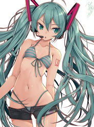 Rule 34 | 1girl, aqua eyes, aqua hair, bikini, breasts, commentary request, cowboy shot, denim, denim shorts, front-tie top, hatsune miku, headset, highleg, highleg bikini, highleg swimsuit, long hair, looking to the side, microphone, open fly, short shorts, shorts, signature, simple background, small breasts, solo, striped bikini, striped clothes, swimsuit, tsurugi hagane, twintails, vocaloid, white background