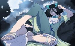 Rule 34 | 1girl, absurdres, aqua eyes, arm up, black hair, character request, commentary, commission, convenient leg, dr. stone, dress, english commentary, feet, foot focus, foreshortening, green dress, hair between eyes, hair ornament, highres, holding, impossible clothes, impossible dress, kirisame (dr. stone), knee up, legs, looking at viewer, medium hair, on ground, orphen (pink seito), outdoors, pixiv commission, platform footwear, sandals, shadow, sitting, solo, toenails, toes, turtleneck, v-shaped eyebrows