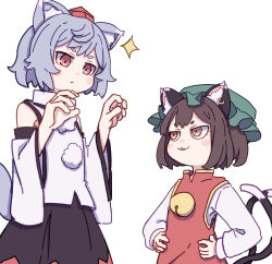 Rule 34 | 2girls, :3, absurdres, animal ear fluff, animal ears, bare shoulders, black skirt, blush stickers, brown eyes, brown hair, cat ears, cat tail, chen, closed mouth, detached sleeves, dress, earrings, green headwear, grey hair, hands on own hips, hat, highres, inubashiri momiji, japanese clothes, jewelry, kame (kamepan44231), long sleeves, mob cap, multiple girls, multiple tails, one-hour drawing challenge, open mouth, pom pom (clothes), red dress, red eyes, red headwear, shirt, short hair, simple background, single earring, skirt, sparkle, tail, tokin hat, touhou, two tails, white background, white shirt, white sleeves, wide sleeves, wolf ears, wolf tail