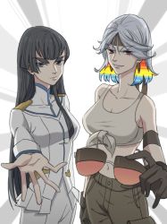 Rule 34 | 10s, 2girls, black hair, blue eyes, breasts, cleavage, cosom, eyebrows, junketsu, kill la kill, kiryuuin ragyou, kiryuuin satsuki, large breasts, long hair, mature female, mother and daughter, multicolored hair, multiple girls, rainbow hair, smile, spoilers, sunglasses, thick eyebrows, time paradox, aged down