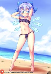 Rule 34 | 1girl, :q, armpits, arms up, bare shoulders, barefoot, beach, blue bow, blue eyes, blue hair, blush, bow, breasts, bright pupils, cirno, cloud, cloudy sky, collarbone, commentary, contrapposto, day, dutch angle, english commentary, full body, highres, horizon, ice, ice wings, looking at viewer, navel, outdoors, patreon username, short hair, sky, small breasts, solo, standing, strap slip, swimsuit, tongue, tongue out, touhou, unholysoul, wings