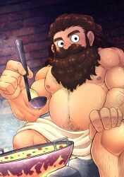 Rule 34 | 1boy, absurdres, bara, beard, belly, brown hair, cooking, dungeon, dungeon meshi, dwarf, facial hair, fat, fat man, full beard, hairy, highres, holding, incoming food, long beard, looking at viewer, male focus, mature male, muscular, muscular male, navel, navel hair, nipples, senshi (dungeon meshi), sitting, solo, stomach, sweat, thick beard, thick eyebrows, thick mustache, tofuboyz, topless male, towel around waist, wok