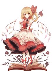Rule 34 | 1girl, \||/, absurdres, adapted costume, blonde hair, commentary request, crystal, flandre scarlet, full body, hair between eyes, highres, laevatein, looking at viewer, no headwear, simple background, solo, somei ooo, touhou, white background, wings