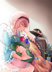 Rule 34 | 2girls, arm up, bare legs, barefoot, black hairband, black headwear, blue shirt, bow, breasts, buttons, closed mouth, collar, commentary request, crying, crying with eyes open, diamond button, frilled collar, frilled skirt, frilled sleeves, frills, green eyes, green hair, green sailor collar, green skirt, hair ornament, hairband, hat, hat bow, unworn hat, unworn headwear, heart, heart button, heart hair ornament, hug, indoors, komeiji koishi, komeiji satori, lips, long sleeves, looking at another, looking down, looking up, lying, medium hair, multiple girls, nagomian, nose, on back, pink eyes, pink hair, pink skirt, sailor collar, shirt, short hair, siblings, sidelighting, sisters, sitting, skirt, small breasts, smile, tears, third eye, touhou, wariza, wavy hair, white sailor collar, wide sleeves, yellow bow, yellow shirt