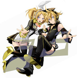 Rule 34 | 1boy, 1girl, ahoge, alternate costume, alternate hairstyle, bent over, black panties, black thighhighs, blonde hair, blue eyes, blurry, brother and sister, child, depth of field, dress, eyewear around neck, flat chest, full body, gold trim, hair ornament, hair ribbon, hairclip, hakui, hakui (kotori1000), headband, headphones, headphones around neck, headset, high heels, highleg, highleg leotard, kagamine len, kagamine rin, kneeling, leotard, looking at viewer, open mouth, outstretched arms, panties, pleated dress, project diva, project diva (series), project diva 2nd, punkish (module), reactor (module), ribbon, roshin yuukai (vocaloid), shoe soles, short hair, short twintails, siblings, sitting, striped clothes, striped thighhighs, sunglasses, thighhighs, twins, twintails, two-tone bow, two-tone dress, underwear, upskirt, vertical-striped clothes, vertical-striped thighhighs, vocaloid, zettai ryouiki