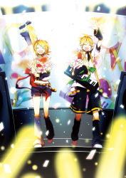 Rule 34 | 1boy, 1girl, blonde hair, bouquet, brother and sister, detached leggings, detached sleeves, closed eyes, flower, hair ornament, hair ribbon, hairclip, headphones, instrument, kagamine len, kagamine rin, keytar, microphone, open mouth, ribbon, short hair, shorts, siblings, smile, suzumi (fallxalice), twins, vocaloid, waving