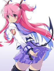 Rule 34 | 1girl, ahoge, akayama yukihe, angel beats!, arched back, blue sailor collar, blue skirt, blush, commentary, cowboy shot, cross hair ornament, cuffs, demon tail, eyes visible through hair, fake tail, floating hair, from behind, grin, hair between eyes, hair ornament, handcuffs, highres, long hair, long sleeves, looking at viewer, looking back, miniskirt, neckerchief, pink eyes, pink hair, pink neckerchief, pleated skirt, sailor collar, shinda sekai sensen uniform, shirt, sidelocks, simple background, skirt, smile, solo, standing, straight hair, tail, tail raised, thigh strap, two side up, very long hair, white background, white shirt, yui (angel beats!)