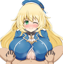 Rule 34 | 1boy, 1girl, ascot, atago (kancolle), beret, black gloves, blonde hair, blue headwear, blush, breasts, closed mouth, cum, cum on body, cum on breasts, cum on upper body, gloves, green eyes, hat, highres, holding hands, kantai collection, kyu horn, large breasts, long hair, looking at viewer, military uniform, one eye closed, paizuri, paizuri under clothes, pov, smile, solo focus, textless version, uniform