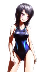 Rule 34 | 1girl, :3, :d, black hair, blue one-piece swimsuit, blush, breasts, collarbone, competition swimsuit, covered navel, cowboy shot, hip focus, ina (urobronai), legs apart, long hair, medium breasts, one-piece swimsuit, open mouth, original, simple background, smile, solo, swimsuit, thighs, white background
