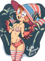 Rule 34 | 10s, 1girl, 2017, absurdres, american flag, american flag print, breasts, colo (nagrolaz), flag print, glasses, gloves, hat, highres, holiday, little witch academia, lotte jansson, navel, one eye closed, orange hair, small breasts, solo, striped clothes, striped thighhighs, thighhighs, united states, wink