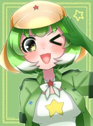 Rule 34 | 1girl, bow, bowtie, elbow gloves, gloves, green eyes, green hair, green jacket, hat, highres, hikarikmy, jacket, kemono friends, kemono friends 3, keroro (kemono friends), looking at viewer, multicolored hair, one eye closed, open mouth, shirt, short hair, simple background, solo, star (symbol), two-tone hair, white hair