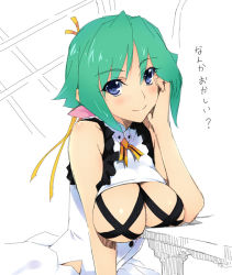 Rule 34 | 10s, 1girl, aquarion (series), aquarion evol, blush, breast rest, breasts, breasts on table, dress, green hair, hair ribbon, hand on own cheek, hand on own face, iizuki tasuku, large breasts, looking at viewer, purple eyes, revealing clothes, ribbon, short hair, sketch, smile, solo, table, zessica wong