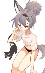 Rule 34 | 1girl, absurdres, animal ears, black panties, breasts, cat, closed eyes, cropped shirt, finger to own nose, ghost (tama), hair between eyes, hair bun, highres, midriff, navel, original, panties, shirt, single hair bun, small breasts, solo, tail, underwear, white background, white shirt, wolf ears, wolf girl, wolf tail