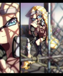 Rule 34 | 1girl, bike shorts, black shorts, blonde hair, blue eyes, blue sky, blunt bangs, blurry, boots, chain-link fence, chromatic aberration, close-up, cross-laced footwear, day, depth of field, fangs, fence, graffiti, half-closed eyes, head rest, headphones, headphones around neck, highres, inkling, inkling girl, inkling player character, knee boots, lace-up boots, leaning on object, long hair, looking at viewer, mask, nintendo, paintbrush, pointy ears, pov, shorts, sitting, sky, smile, solo, sweater, tentacle hair, ukata, very long hair