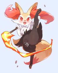 Rule 34 | 1girl, :3, animal ear fluff, animal ears, animal feet, animal hands, animal nose, arm up, bar censor, black fur, blue background, blush, body fur, braixen, censored, creatures (company), fang, female focus, fire, fox ears, fox girl, fox tail, furry, furry female, game freak, gen 6 pokemon, hand up, happy, heart, heart in mouth, highres, holding, holding stick, kneepits, leg up, looking at viewer, mizone, neck fur, nintendo, nose blush, open mouth, pawpads, pokemon, pokemon (creature), presenting, pussy, pussy juice, red eyes, simple background, skin fang, smile, solo, split, spread legs, standing, standing on one leg, standing split, stick, tail, white fur, yellow fur